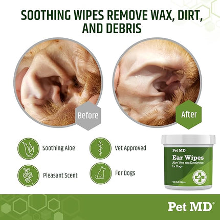 Pet MD - Dog Ear Cleaner Wipes - Otic Cleanser for Dogs to Stop Itching, Yeast and Mites with Aloe and Eucalyptus - 100 Count