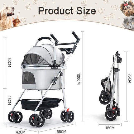 Pet Stroller with 4 Wheels, 3 in 1 Foldable Cat Dog Carrier, Portable Dog Cat Jogger Stroller with Detachable Carrier, Multifunctional Lightweight Pet Travel Stroller for Medium Small Dogs Cats
