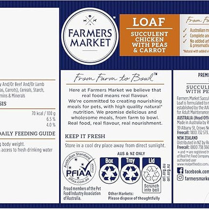 Farmer's Market Succulent Chicken with Peas & Carrot Adult Wet Dog Food 6x100g - Hearty Loaf with Real Food & Flavour, Made with Australian Meat Loaf for Complete & Balanced Nutrition (Pack of 2)