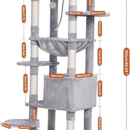 Heybly HCT050W Cat Scratching Post with Blankets for Large Cat Tree Large Platforms Cave 50 x 50 x 153cm Light Grey