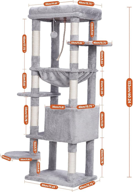 Heybly HCT050W Cat Scratching Post with Blankets for Large Cat Tree Large Platforms Cave 50 x 50 x 153cm Light Grey