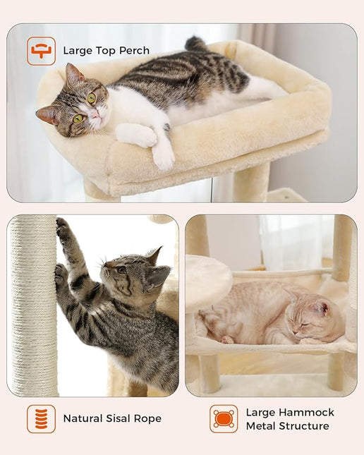 PAWZ Road Cat Tree 143cm Cat Scratching Post Multi-Level Play Tower with a Large Hammock and Top Perch Home Pet Furniture Beige