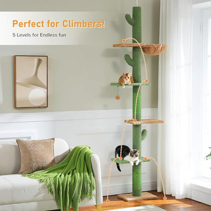 PAWZ Road Cactus Floor-to-Ceiling Cat Tree 5-Tier Cat Tower with Hammock