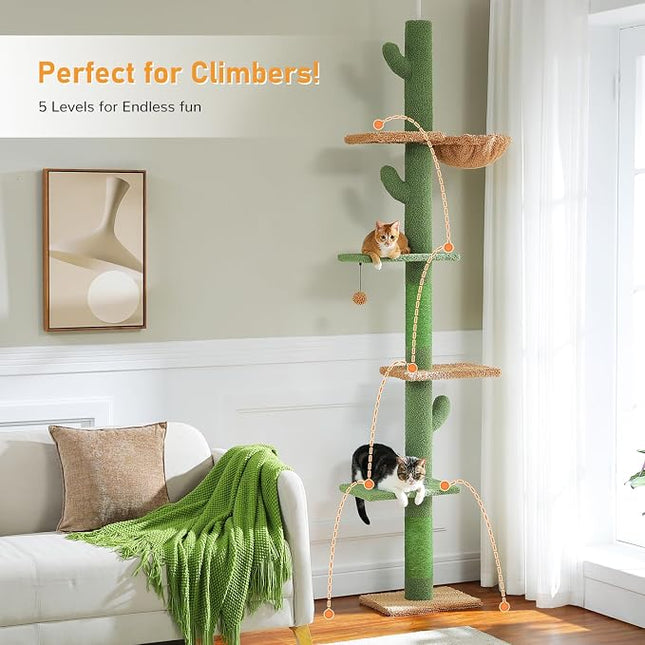 PAWZ Road Cactus Floor-to-Ceiling Cat Tree 5-Tier Cat Tower with Hammock