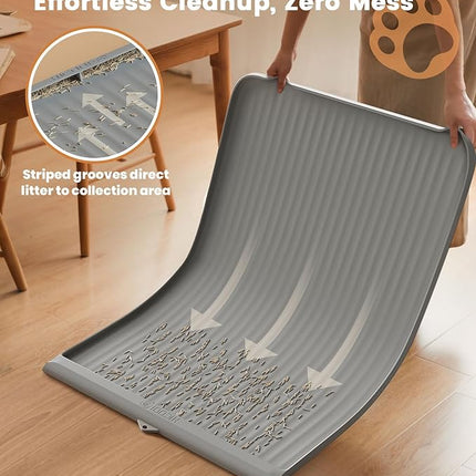 Cat Litter Mat 36x24 Inch, Silicone Litter Box Mat with Raised Edge and Diversion Groove, Waterproof Litter Trapping Mat, Easy to Clean Cat Mat for Litter Box, Grey