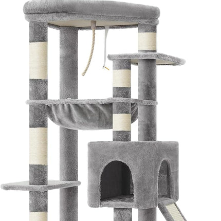 Heybly Heavy Duty Cat Tree, 64.2-Inch Tall Tower for Large Indoor Cats with Widened Structure,Extra-Large Hammock, Light Gray HCT027W