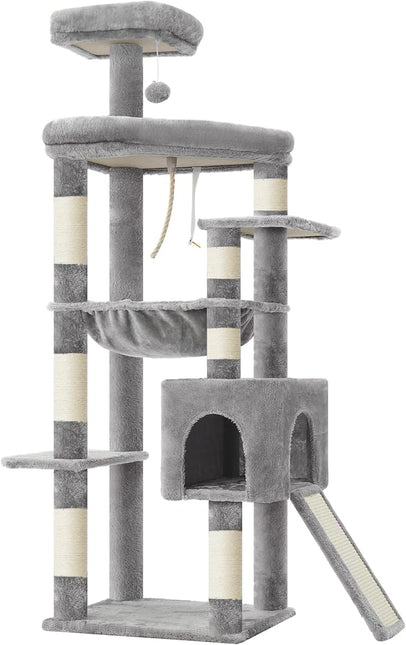 Heybly Heavy Duty Cat Tree, 64.2-Inch Tall Tower for Large Indoor Cats with Widened Structure,Extra-Large Hammock, Light Gray HCT027W