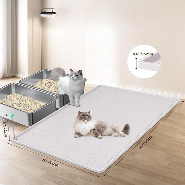 Large Cat Litter Mat with Toy Ball, 38'' x 25'' Silicone Cat Litter Trapping Mat