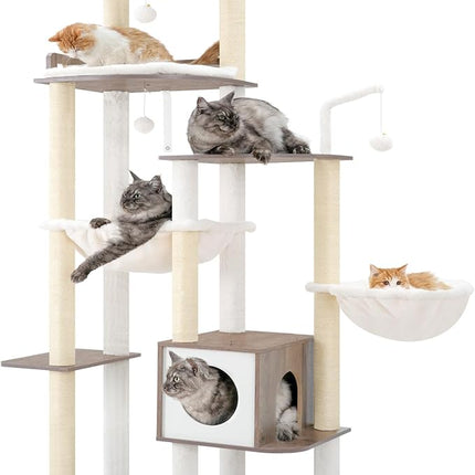 Heybly Cat Tree, 70.5" Wood Tall Cat Tower for Large Indoor Cats HCT121SG | Modern Cat Furniture with Extra Stable Structure, Smoky Gray