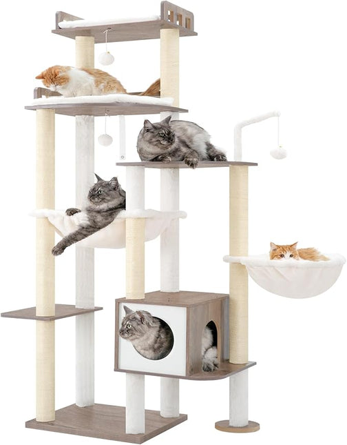 Heybly Cat Tree, 70.5" Wood Tall Cat Tower for Large Indoor Cats HCT121SG | Modern Cat Furniture with Extra Stable Structure, Smoky Gray