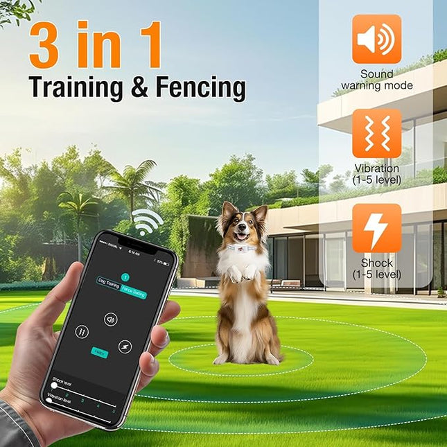 GPS + Wireless Dog Fence & Training Collar – No Subscription, App Geo-Fence 3280ft, 60-164ft Bluetooth Training, 3-Dog Support