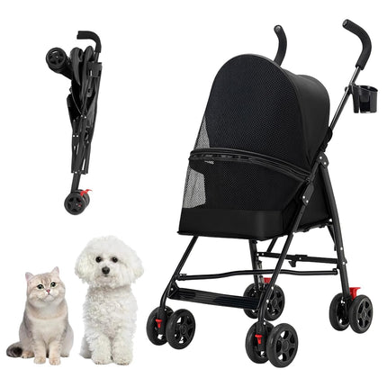 Pet Stroller with Mesh Ventilation, Lightweight Foldable Design, Black