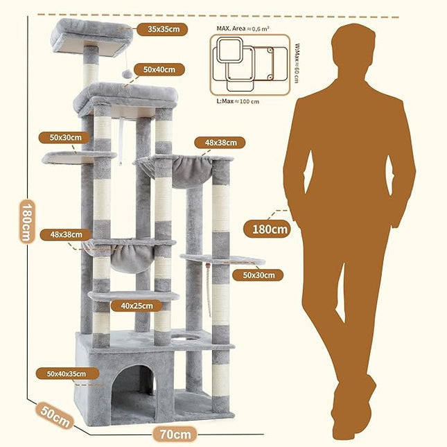 Heybly Cat Tree, 180cm Tall Cat Tower for Large Maine Coon Cats with Extra-Large Baseboard, Light Gray HCT037W