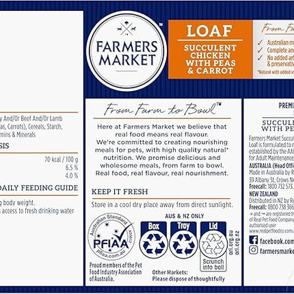 Farmer's Market Succulent Chicken with Peas & Carrot Adult Wet Dog Food 6x100g - Hearty Loaf with Real Food & Flavour, Made with Australian Meat Loaf for Complete & Balanced Nutrition (Pack of 2)