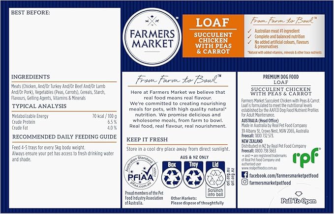 Farmer's Market Succulent Chicken with Peas & Carrot Adult Wet Dog Food 6x100g - Hearty Loaf with Real Food & Flavour, Made with Australian Meat Loaf for Complete & Balanced Nutrition (Pack of 2)
