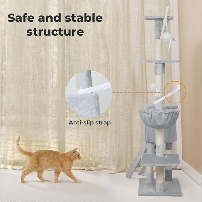 Pawz Cat Tree, 143cm Cat Scratching Post and Pads, Multi-Level Play Tower, Grey