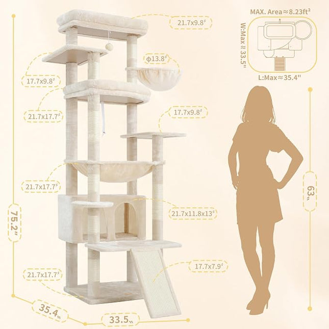 Heybly HCT038M Cat Scratching Post, 202 cm Large Scratching Post with 2 Extra Large Cuddly Platforms, Beige