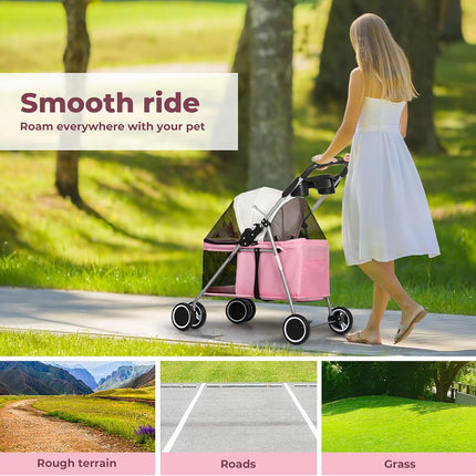 PaWz 4 Wheels Foldable Pet Stroller Dog Cat Travel Carrier Large Pink, Removable Canopy Dog Pram with 2 Safety Leash, Detachable Folding Pet Stroller Trolley for Cats Dogs, Pet Carrier with Wheels