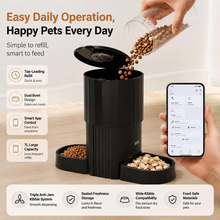 Automatic Cat Feeders for Two Cats, 7L Double Automatic Cat Food Dispenser with 2 Stainless Bowls, 5G WiFi