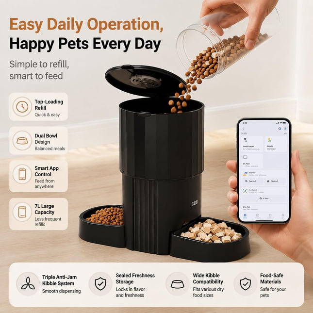 Automatic Cat Feeders for Two Cats, 7L Double Automatic Cat Food Dispenser with 2 Stainless Bowls, 5G WiFi