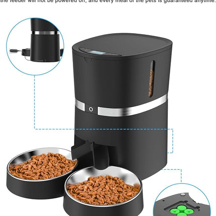 Automatic Cat Feeder, WellToBe Pet Feeder Food Dispenser for Cat & Small Dog with Two-Way Splitter and Double Bowls, up to 6 Meals with Portion Control