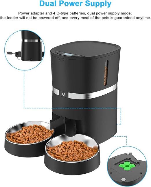 Automatic Cat Feeder, WellToBe Pet Feeder Food Dispenser for Cat & Small Dog with Two-Way Splitter and Double Bowls, up to 6 Meals with Portion Control