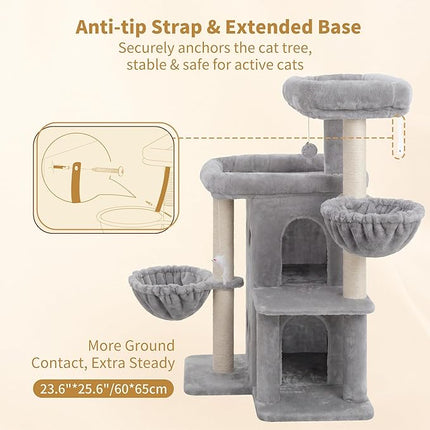 Heybly Cat Tree with Reinforced Big Base, 105cm Sturdy Cat Tower for Indoor Cats, Light Gray