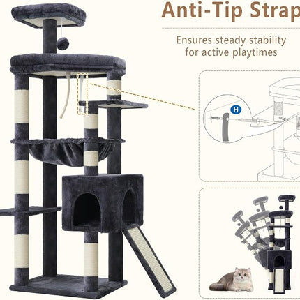 Heybly 64.2" Heavy-Duty Cat Tree for Large Cats, Extra-Large Hammock, Smoky Gray
