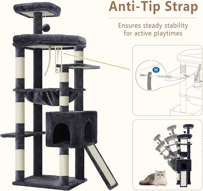 Heybly 64.2" Heavy-Duty Cat Tree for Large Cats, Extra-Large Hammock, Smoky Gray