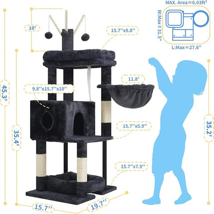 Heybly Cat Tree, 45.3" Cat Tower for Indoor Cats with Large Perch HCT202SG | All-in-One Cat Furniture with Cozy Bed, Smoky Gray