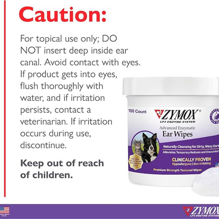 Zymox Advanced Enzymatic Ear Wipes for Dogs and Cats - Hypoallergenic - 100 ct