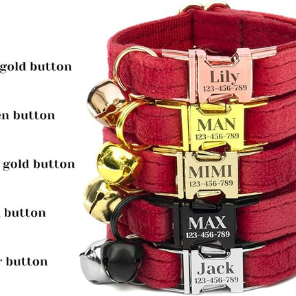 Customized Soft Artificial Velvet Cat Collar, Personalized Cat Tag, Laser Engraved Metal Button Cat Collar, Neck Circumference 16-26 CM, (White-S)