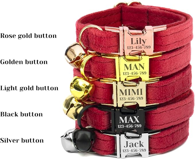 Customized Soft Artificial Velvet Cat Collar, Personalized Cat Tag, Laser Engraved Metal Button Cat Collar, Neck Circumference 16-26 CM, (White-S)