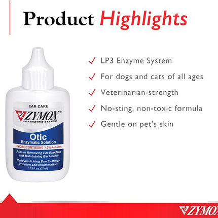 Zymox Otic Enzymatic Solution for Dogs and Cats to Soothe Ear Infections with 1% Hydrocortisone for Itch Relief, 1.25oz