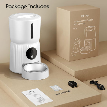 Faroro Automatic Cat Feeder with WiFi, 1080P HD Video Cat Food Automatic with Night Vision, 4L Feeder for Cats/Dogs with Two-Way Audio, App Control, Double Force (White)