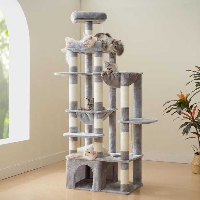 Heybly Cat Tree, 71-Inch Tall Cat Tower for Large Maine Coon Cats HCT037W | Light Gray