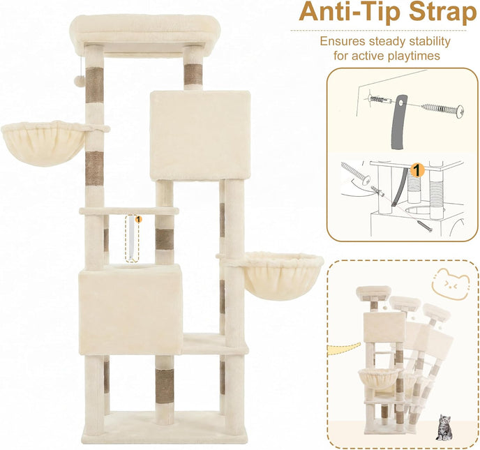 Heybly 173cm Cat Tower for Large Indoor Cats with 2 Condos, 2 Hammocks, 10 Sisal Scratching Posts,Beige HCT059MJ