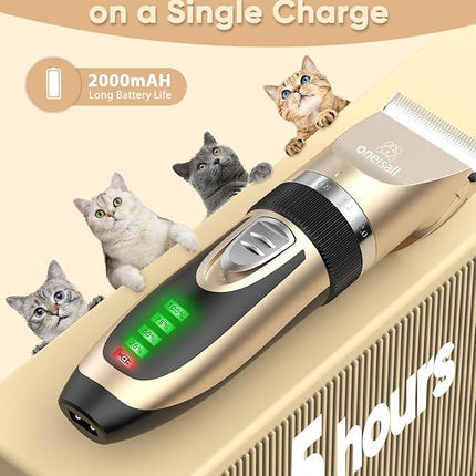 oneisall Quiet Clipper, Cat, Dogs, Professional Hair Trimmer for Long Hair Cats with Thick Fur, Dog Clipper, Cat Shaver with Powerful Motor (Gold)