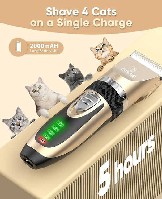 oneisall Quiet Clipper, Cat, Dogs, Professional Hair Trimmer for Long Hair Cats with Thick Fur, Dog Clipper, Cat Shaver with Powerful Motor (Gold)