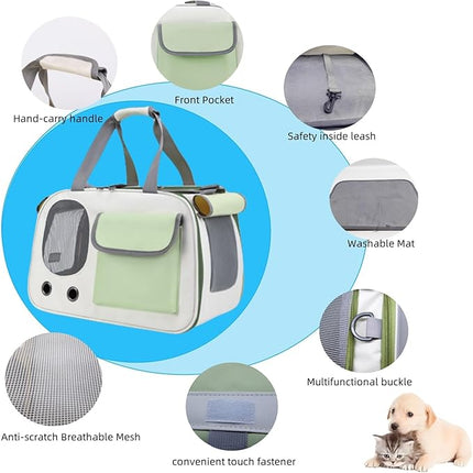 Collapsible Airline Approved Pet Carrier for Cats & Dogs up to 17 lbs – Soft-Sided Travel Carrier with Breathable Mesh, Roll-Up Curtain & Easy-Clean Design (Green+Beige)