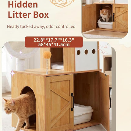 Heybly Cat Tree with Litter Box Enclosure, Modern 162cm,Multi-Level Perch & Playzone, Walnut HCT105WB