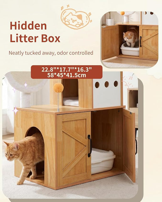 Heybly Cat Tree with Litter Box Enclosure, Modern 162cm,Multi-Level Perch & Playzone, Walnut HCT105WB