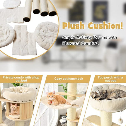 Wood Cat Tree for Indoor Cats, Tall Modern Cat Tower w/Sisal Scratching Posts, Condo, Padded Perch, Hammock, Napping Bed