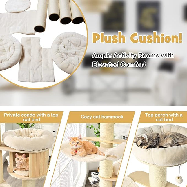 Wood Cat Tree for Indoor Cats, Tall Modern Cat Tower w/Sisal Scratching Posts, Condo, Padded Perch, Hammock, Napping Bed