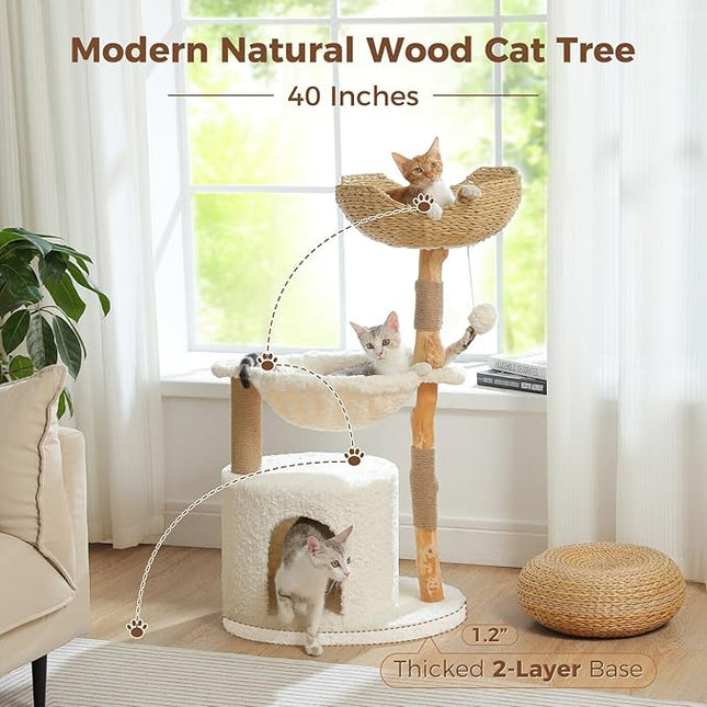 PAWZ Road Modern Cat Tree, Real Wood Cat Tower for Indoor Large Cats, Luxury Furniture with Large Cozy Hammock(Dia=40cm)