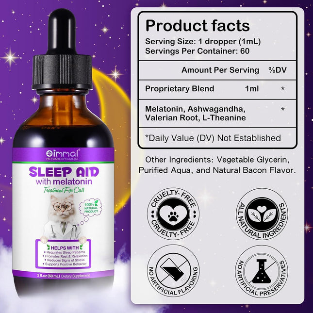 Melatonin Calming Drops for Cats & Kittens – Sleep Aid & Anxiety Relief Liquid,60ML