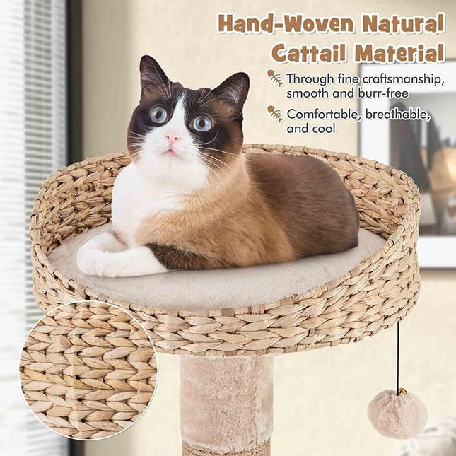 Costway Cat Tree, 164cm Cattail Cat Tower w/Jute Scratching Posts, Basket Bed, Adult Cats