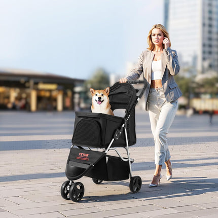 VEVOR Pet Stroller, 35 lbs Weight Capacity, Foldable Dog Stroller Cart, 3 Wheels Cats Strollers with Mesh Windows and Cup Holders