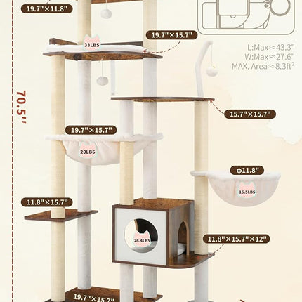 Heybly Cat Tree, 70.5 Inch Wood Tall Cat Tower for Large Indoor Cats with Extra , Rustic Brown
