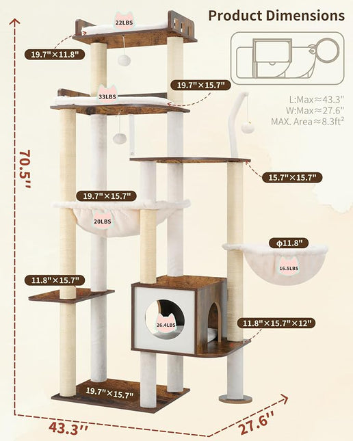 Heybly Cat Tree, 70.5 Inch Wood Tall Cat Tower for Large Indoor Cats with Extra , Rustic Brown